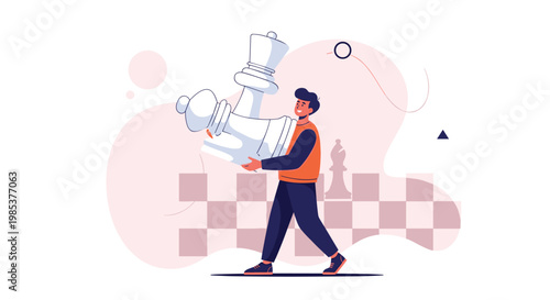Strategic businessman carrying a giant white chess piece across a large game board to represent leadership and success.