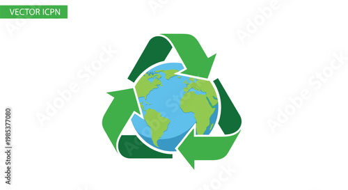 Green recycling symbol framing the globe to represent environmental protection and sustainable living practices for a cleaner healthier future planet
