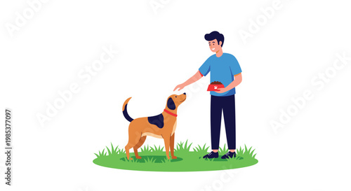 Kind young man bonding with his pet dog by petting it gently while standing on a green grass patch outdoors.