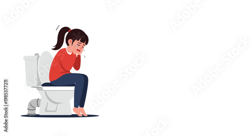 Sad young girl sitting on a toilet and crying due to stomach pain or health problems in a clean bathroom setting.