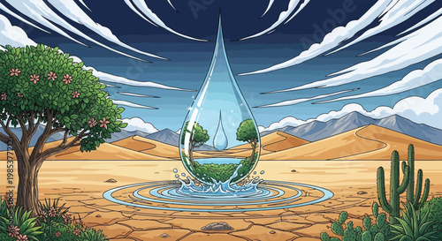 Giant magical water drop containing a lush ecosystem stands in the middle of a dry desert landscape under a sky