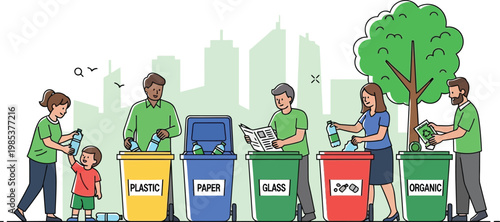 Diverse group of people and children sorting various kinds of household waste into colored bins for effective environmental recycling processes