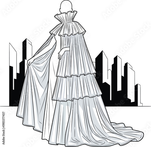 Elegant gown sketch with city skyline backdrop in black and white