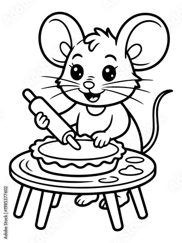 Cute Mouse Chef Baking Pie: An adorable mouse, adorned in chef attire, masterfully prepares a pie with a rolling pin and a jovial expression, capturing a moment of culinary delight.