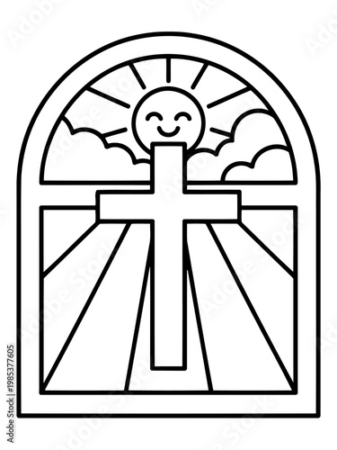 Symbol of Faith: An illustration of a radiant sun, fluffy clouds, and a central cross within a stained-glass window design. It radiates faith and hope.