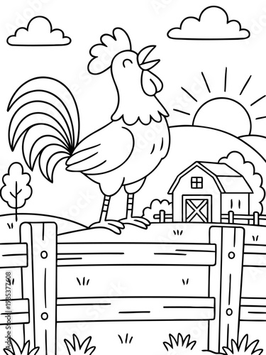 Sunrise Serenade: A rooster heralds the dawn with a cheerful crow, perched atop a wooden fence against a backdrop of rolling hills and a rustic farmhouse, celebrating the start of a new day.