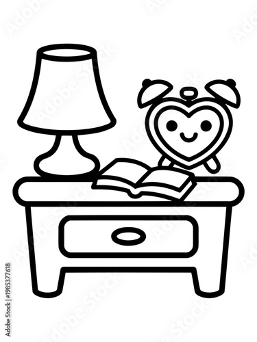 Nightstand Comfort: A charming illustration depicts a nightstand adorned with a bedside lamp, an open book, and a cute heart-shaped alarm clock, creating a sense of cozy comfort and bedtime routine.