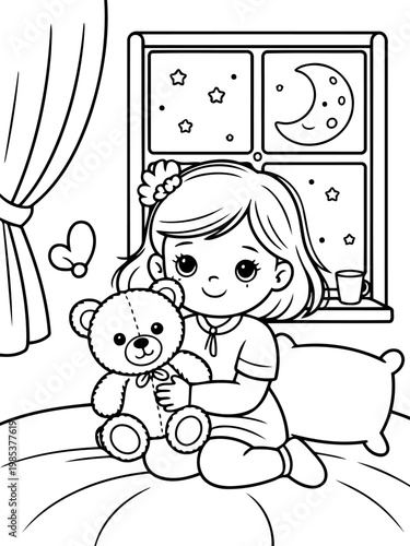 Child's Serene Repose: A serene illustration depicts a young girl and her beloved teddy bear, gazing out at a tranquil night scene, with the moon and stars softly illuminating the scene.