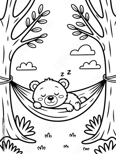 Dreaming Bear's Slumber: A sweet illustration of a cuddly bear enjoying a peaceful nap in a cozy hammock, suspended between two leafy trees, evokes a sense of calm and serenity.