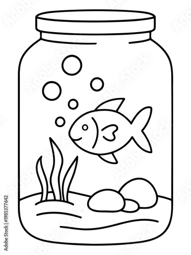 Fish in a Jar: A simple, charming illustration depicts a lone fish swimming serenely within a glass jar, bubbles gently rising, and aquatic plants and pebbles adding a touch of natural beauty.