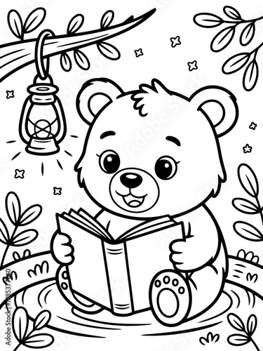 Reading Bear in the Forest: A charming illustration depicts a sweet bear engrossed in a book beneath a lantern-lit tree, surrounded by leaves.