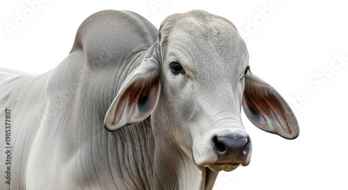 Brahman bull portrait with distinctive hump, majestic grey zebu cattle head, muscular nelore ox for livestock farming and ranching concepts isolated PNG with Transparent Background