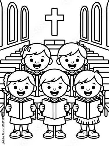 Children's Choir: A depiction of a children's choir singing with glee inside a church, singing from the songbook while united in faith and harmony. 