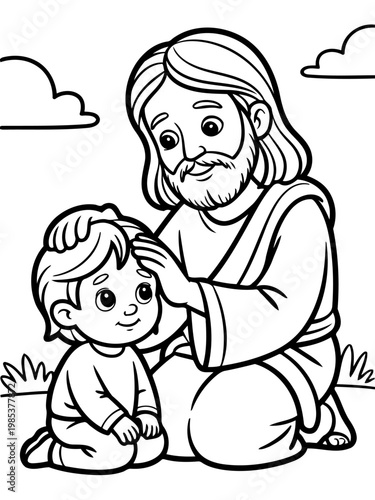 Compassionate Guidance: A tender depiction of guidance and love. A gentle figure with flowing hair and beard offers a comforting hand to a child, embodying compassion and care.