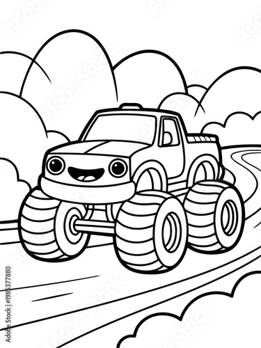 Monster Truck Cartoon Adventure: A charming, cartoon monster truck conquers a winding road with oversized wheels. It's an invitation to imagination and outdoor exploration.