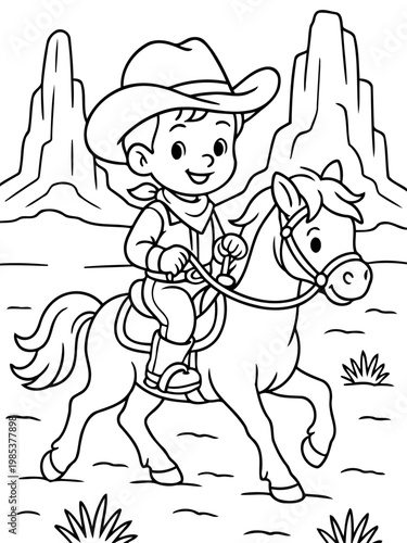 Young Cowboy's Ride: A delightful illustration of a young cowboy, astride his trusty pony, ventures into the wild west, bringing a sense of adventure and charm.