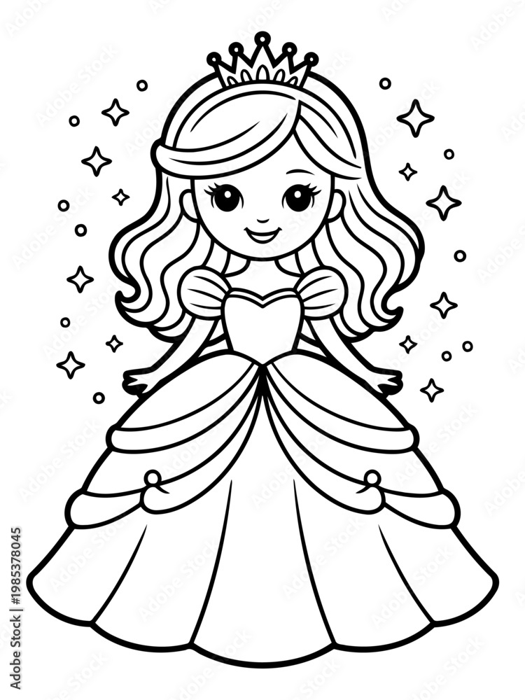 Fototapeta premium Charming Princess in Royal Attire: An enchanting illustration of a lovely princess, resplendent in a beautiful gown and a shining crown, surrounded by sparkling stars, ready to begin her fairy tale.