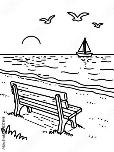 Serene Seaside Sketch: A peaceful scene unfolds, capturing the essence of seaside tranquility with a park bench overlooking a gentle ocean horizon with a sailboat sailing in the sea 