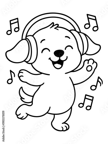 Dancing Pup in Melody: A joyous pup, immersed in the rhythm of music, dances to the tune, accompanied by musical notes and headphones, embodying pure glee and fun.