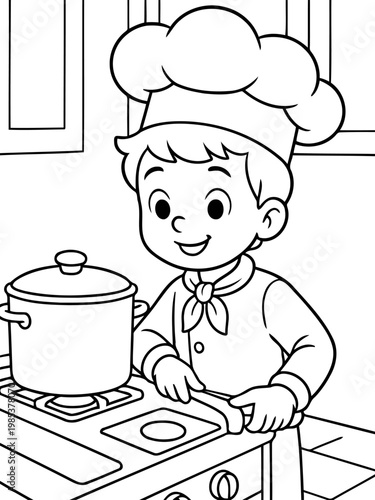 Culinary Apprentice at Work: A young chef, full of enthusiasm, is seen engrossed in the cooking process, the pot bubbling, a testament to culinary creation. 