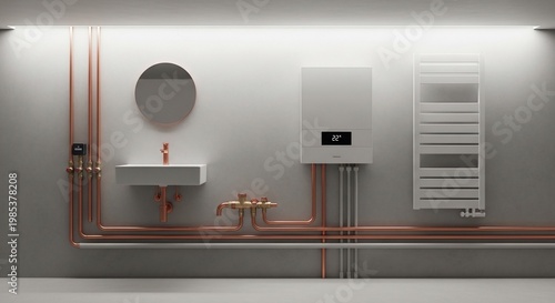 Modern bathroom interior design featuring a sleek white sink, copper piping, a wall-mounted boiler, and a towel warmer.