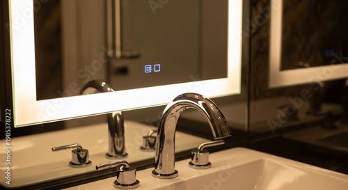 A close-up shot of a modern bathroom sink with a sleek chrome faucet and a brightly lit mirror reflecting the scene.