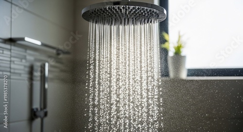 A refreshing showerhead sprays water in a modern bathroom with a window and a plant in the background.