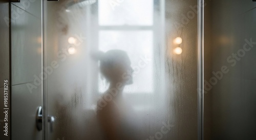 A woman with her hair in a bun stands in a steamy shower, silhouetted against a window.