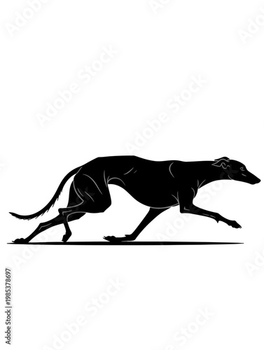 Silhouette of a racing greyhound dog in full sprint.