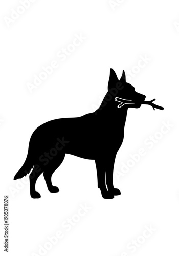Black silhouette of a German Shepherd dog holding a stick in its mouth.