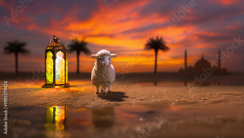 A serene sheep standing beside a lantern on a beach at sunset with palm trees in the background.