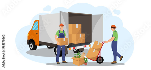 Workers moving boxes into truck in flat style on light background, concept of relocation, transport and delivery. Vector illustration