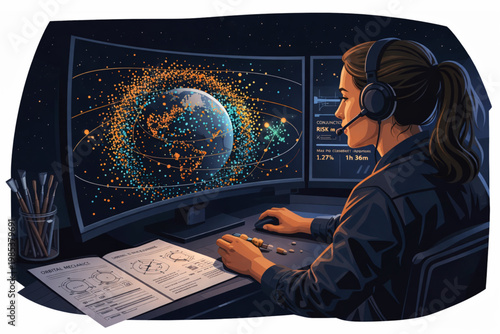 Female Space Analyst Tracking Debris Field and Monitoring Conjunction Risk in Control Room