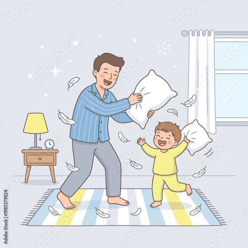 Father and Son Having Pillow Fight in Bedroom