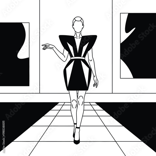 Elegant fashion illustration of a model on a runway in black and white