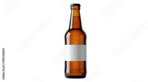 A brown glass beer bottle with a blank white label on a black background