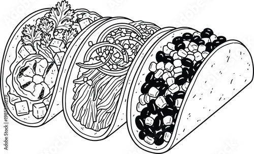 Illustration of a taco with various fillings in a detailed line drawing
