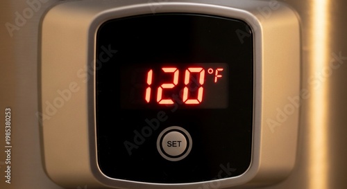 Close-up view of a digital temperature display showing 120 degrees Fahrenheit on a modern kitchen appliance with a 'SET' button.
