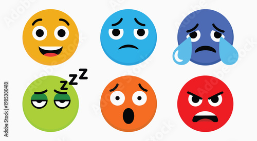 Collection of colorful emoji faces displaying various emotional expressions vector illustration set communication mood icons