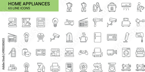Home appliances line icon set including kitchen electronics household equipment washing machine refrigerator outline vector collection