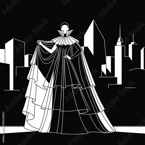 Mysterious figure in elaborate gown against a city skyline backdrop