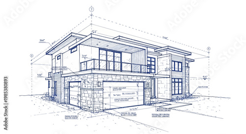 Digital blueprint rendering of a sophisticated contemporary dream home, an intricate architectural drawing showcasing modern residential design for vector file download