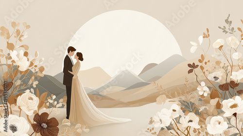 Vector illustration of the newlywed couple with the stunning graphic mountain, church and florals. Wedding invitation graphic, flat design for printing, christian wedding