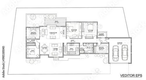 Architectural Floor Plan Drawing of a Modern House with Two Car Garage