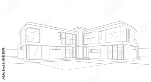 Architectural sketch of a modern residential house with clean lines and large windows