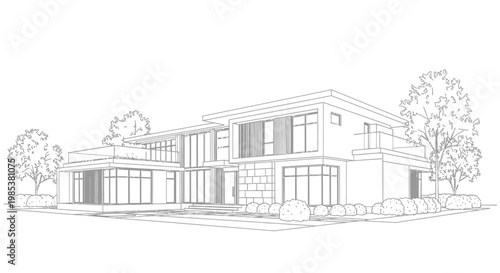 Architectural sketch of a modern luxurious house with clean lines and large windows