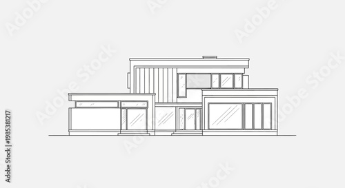 Minimalist hand-drawn style line art illustration of a modern contemporary residential house design, showcasing sleek architectural aesthetics