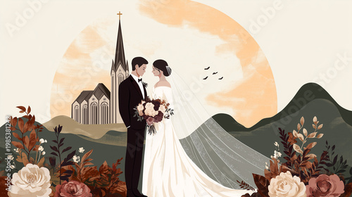 Vector illustration of the newlywed couple with the stunning graphic mountain, church and florals. Wedding invitation graphic, flat design for printing, christian wedding