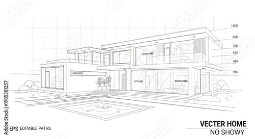 Modern Luxury Home Architectural Blueprint Drawing - Downloadable Vector Illustration of a Contemporary Residence Design with Pool and Landscape Plan