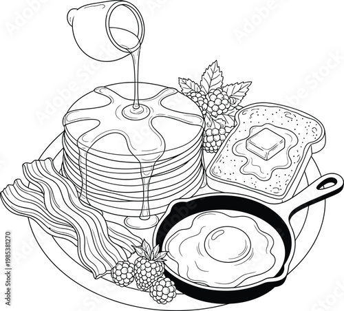 Illustration of a breakfast scene with pancakes, bacon, and eggs